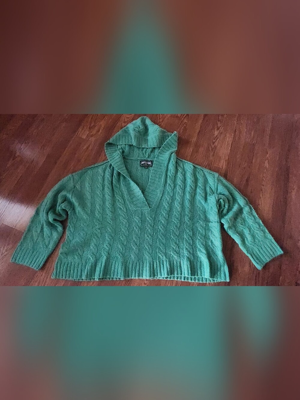 American Eagle Outfitters Kelly Green Cable-Knit Hooded Sweater